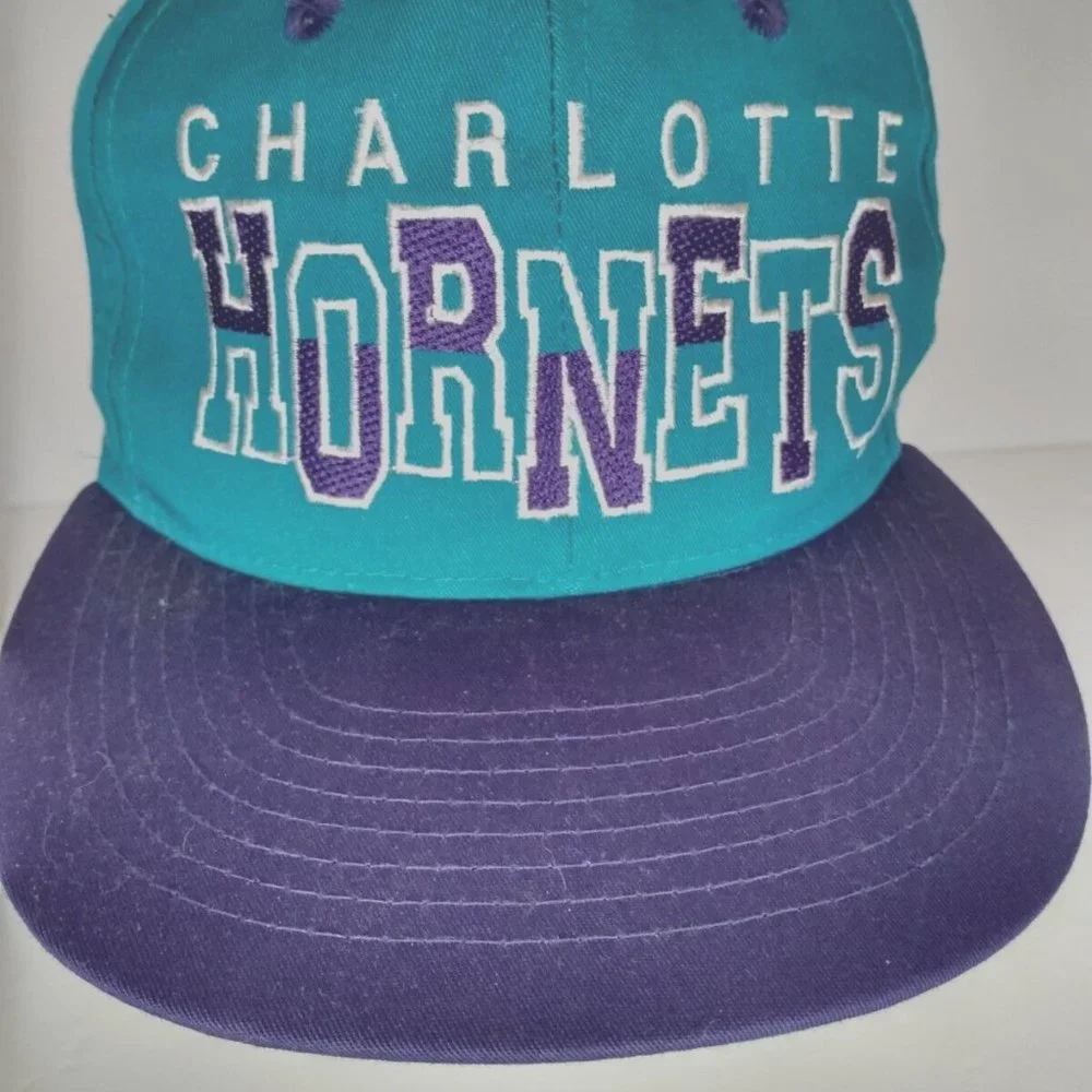 Vtg Charlotte Hornets Snapback Hat Block Letters NBA Product Teal Purple Adjust